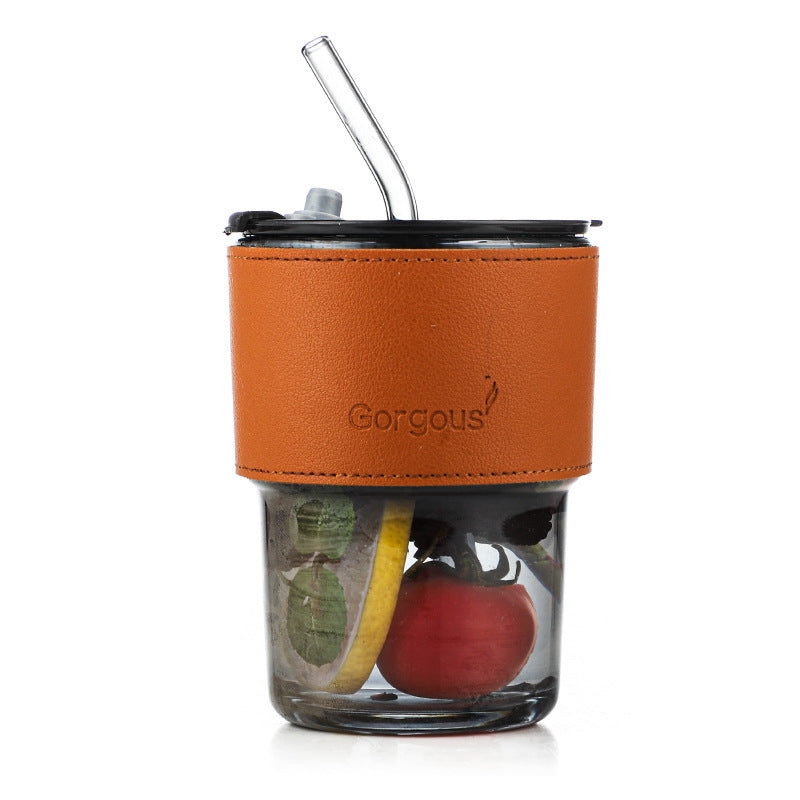 Bamboo Cup Glass Cup with Straw, Simple Ins-Style Coffee Cup, Large Capacity Milk Cup with Lid, Heat-Resistant Glass - image 5