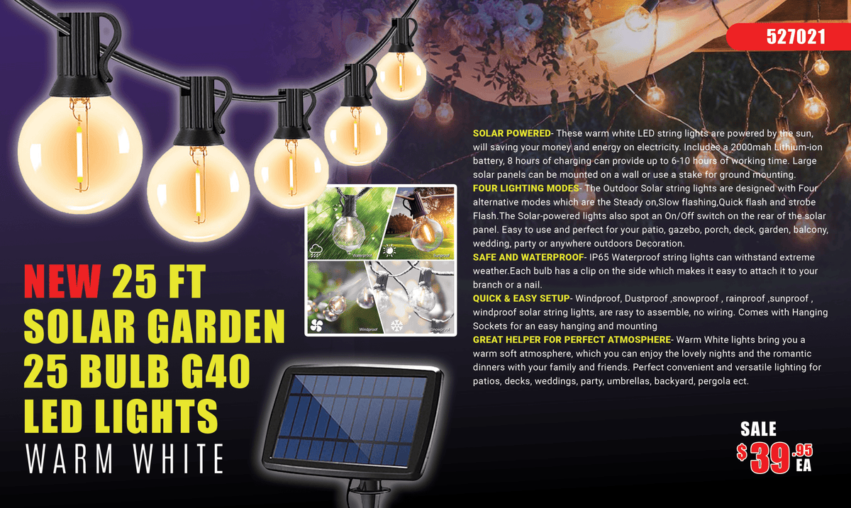 New 25FT Solar G40 LED String Lights – 25 Warm White Bulbs for Outdoor Garden, Patio, Backyard 527021