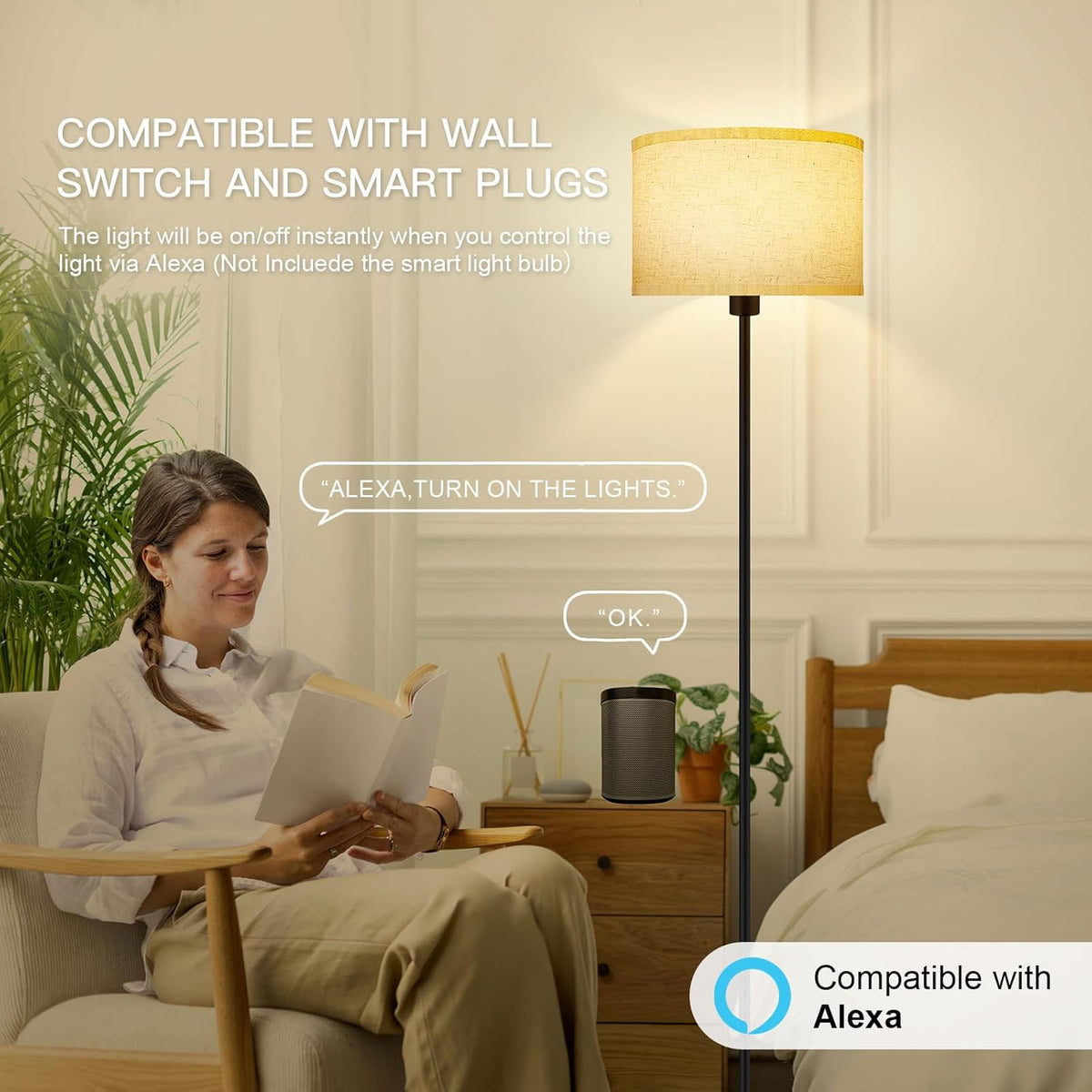60” LED Floor Lamp – Modern Standing Lamp with Beige Shade for Living Room & Bedroom (12W, 2700K Warm White) 3388411