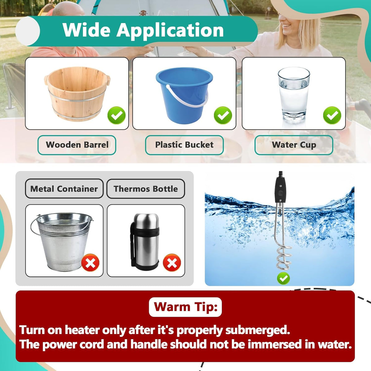 1000W 110V Immersion Water Heater 10 Inch Portable Electric Water Heater for Buckets and Containers WH1010S