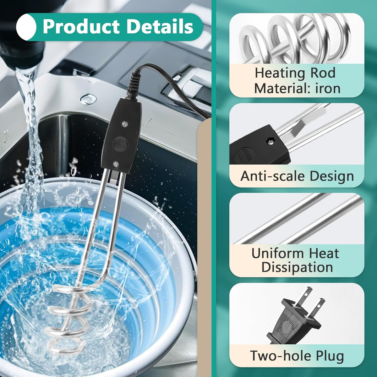 1000W 110V Immersion Water Heater 10 Inch Portable Electric Water Heater for Buckets and Containers WH1010S