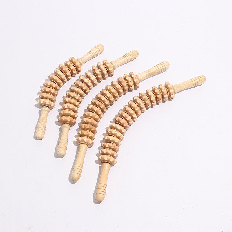 Wooden nine-wheel massage stick, roller yoga stick, spiky stick, solid wood meridian back roller, back massager, fitness equipment - image 1