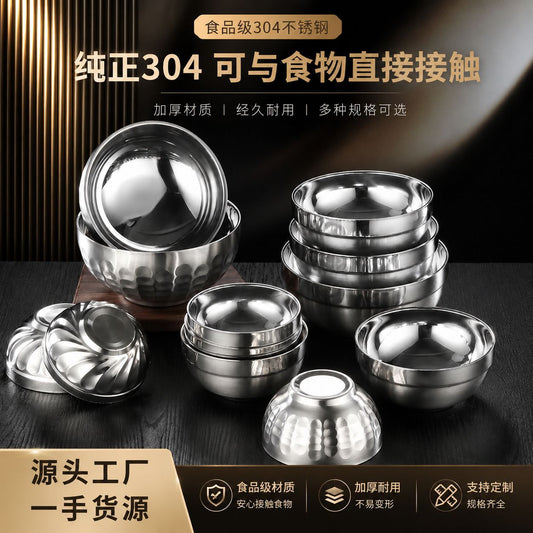 304 Stainless Steel Double-Layer Bowl Platinum Bowl School Factory Canteen Anti-Scalding Heat-Insulated Wholesale Soup Bowl Rice Bowl Stainless Steel - image 1