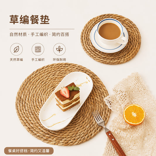 Nordic Seagrass Woven Non-Slip Coasters Kitchen Heat Insulation Mats Bowl Mats Thickened Western-Style Dining Mats Round Tea Tray Tea Set Mats - image 1