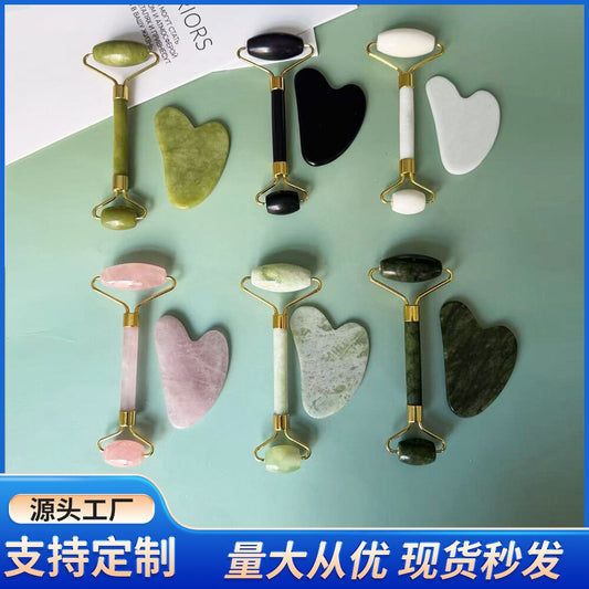 Cross-border jade roller massager, heart-shaped gua sha set made of shouyu jade, double-headed roller stick for facial and neck massage - image 1