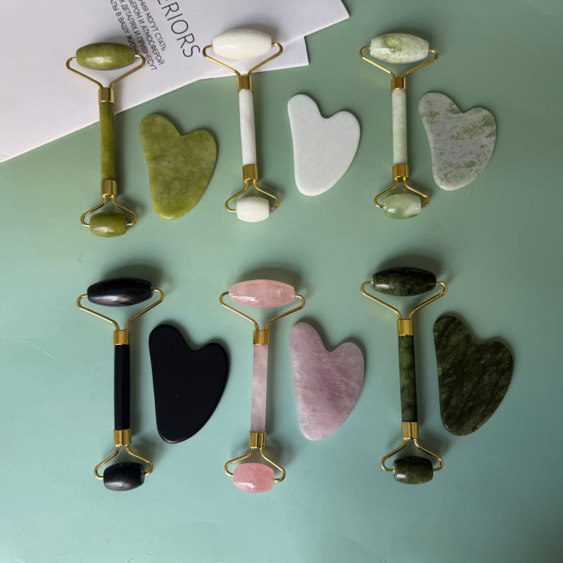 Cross-border jade roller massager, heart-shaped gua sha set made of shouyu jade, double-headed roller stick for facial and neck massage - image 2
