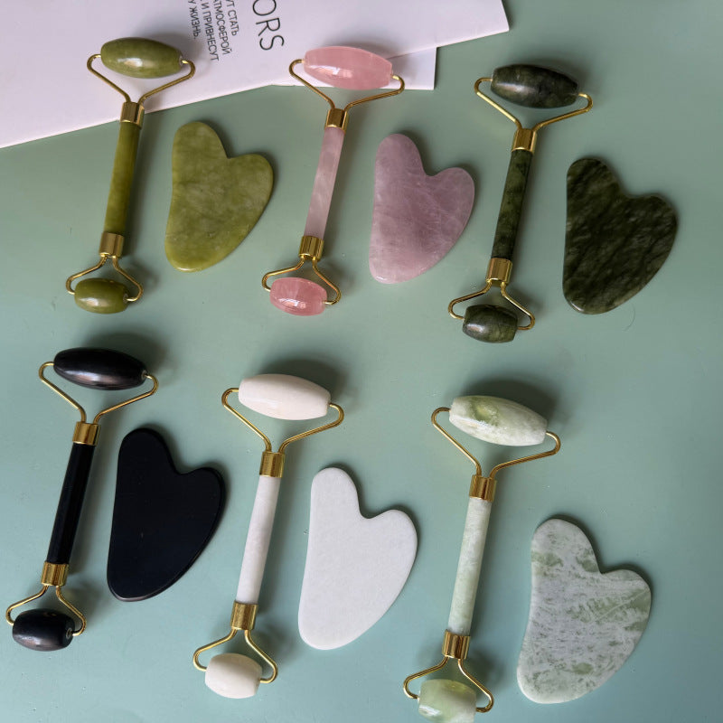 Cross-border jade roller massager, heart-shaped gua sha set made of shouyu jade, double-headed roller stick for facial and neck massage - image 3
