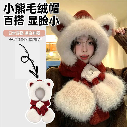 New autumn and winter plush scarf, thickened integrated neck warmer for women, cute plush hat for cycling, warm ear protection hat - image 1