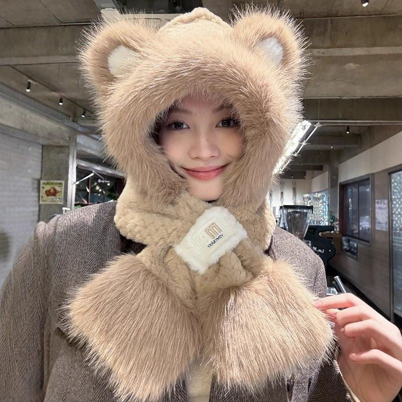 New autumn and winter plush scarf, thickened integrated neck warmer for women, cute plush hat for cycling, warm ear protection hat - image 2