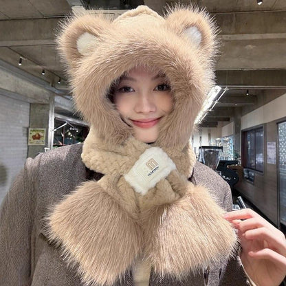 New autumn and winter plush scarf, thickened integrated neck warmer for women, cute plush hat for cycling, warm ear protection hat - image 2
