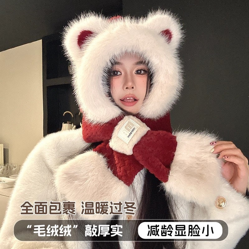 New autumn and winter plush scarf, thickened integrated neck warmer for women, cute plush hat for cycling, warm ear protection hat - image 3