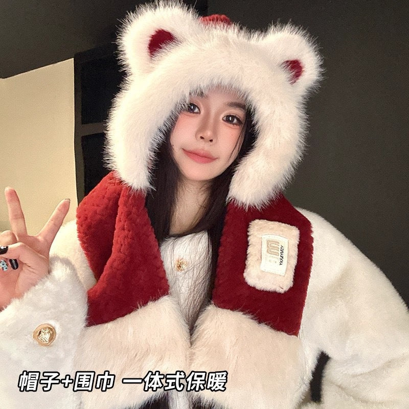 New autumn and winter plush scarf, thickened integrated neck warmer for women, cute plush hat for cycling, warm ear protection hat - image 4