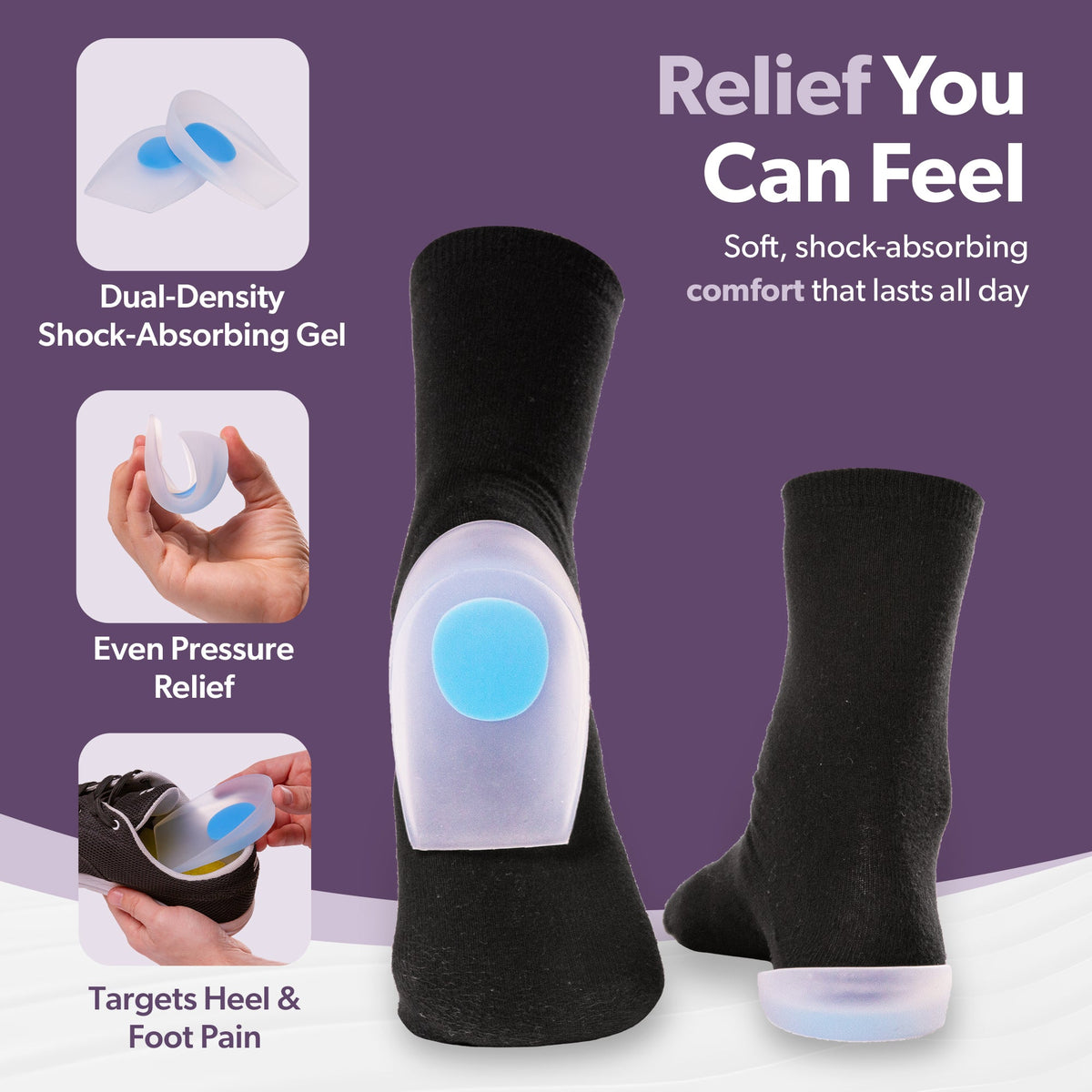 Plantar & Achilles Heel Spur Shoe Inserts - Silicone Pain Relief Gel Cup Cushions (Pair)