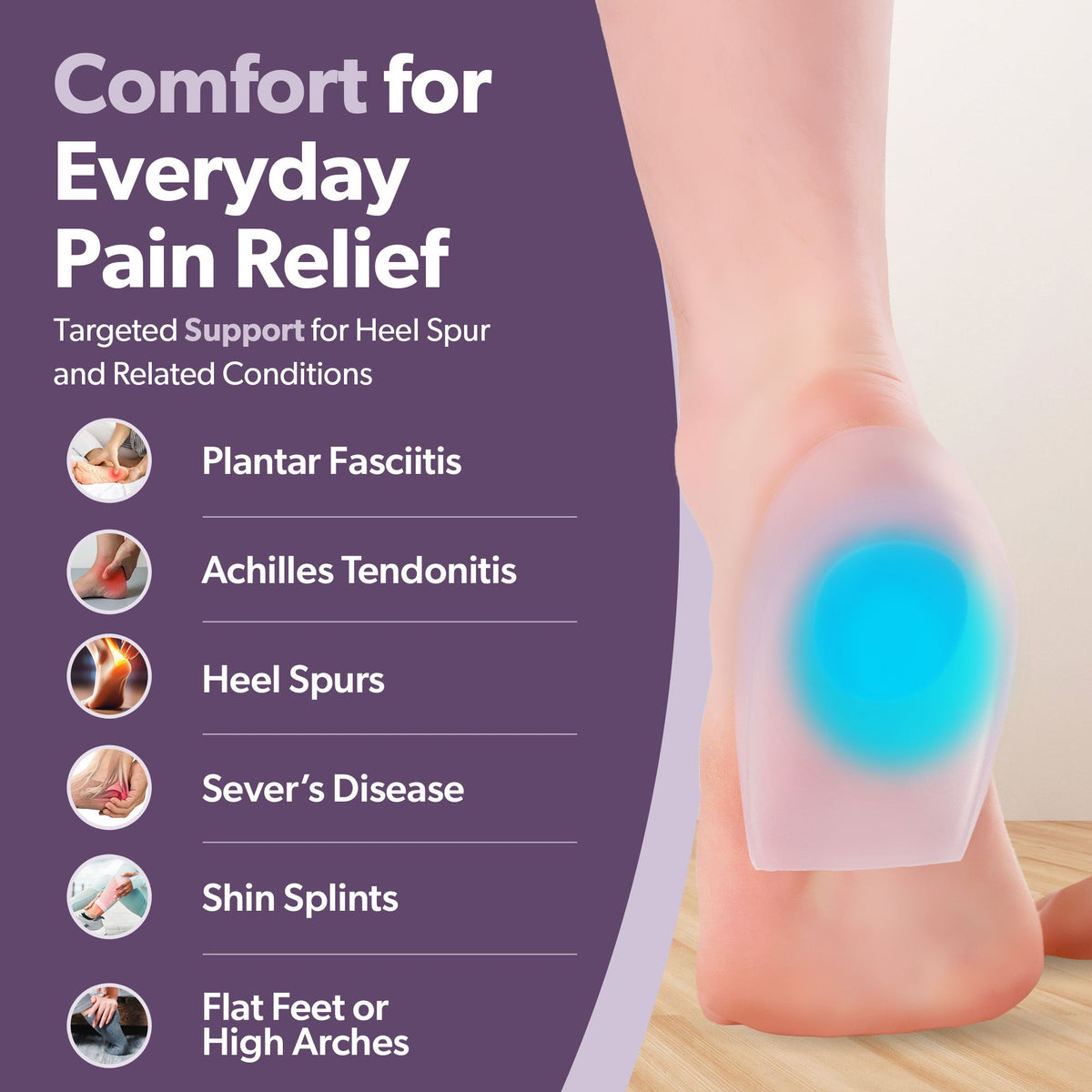 Plantar & Achilles Heel Spur Shoe Inserts - Silicone Pain Relief Gel Cup Cushions (Pair)