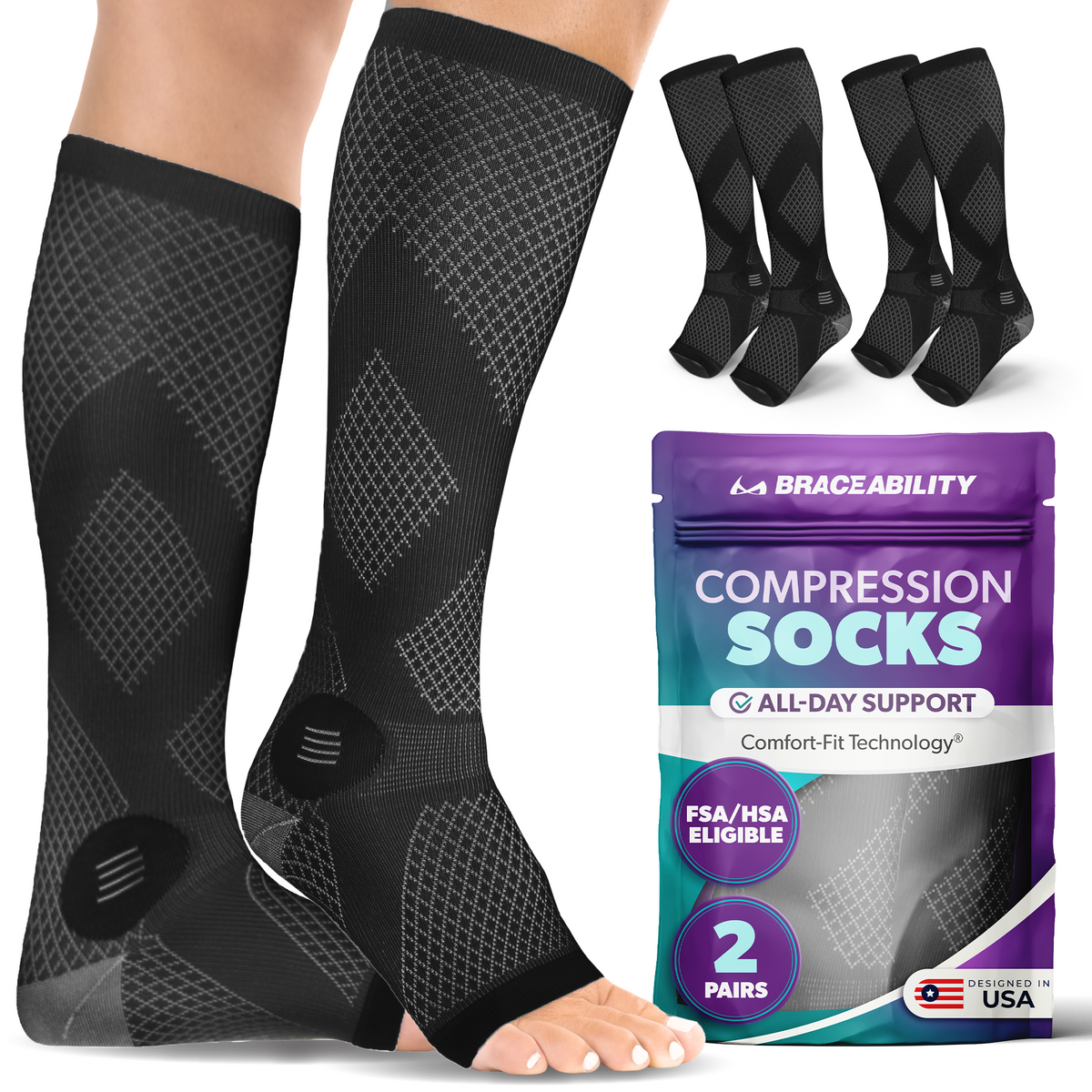 Compression Socks for Circulation - 20-30 mmHg Knee High Neuropathy Open Toe Stockings for Men or Women (Pair)