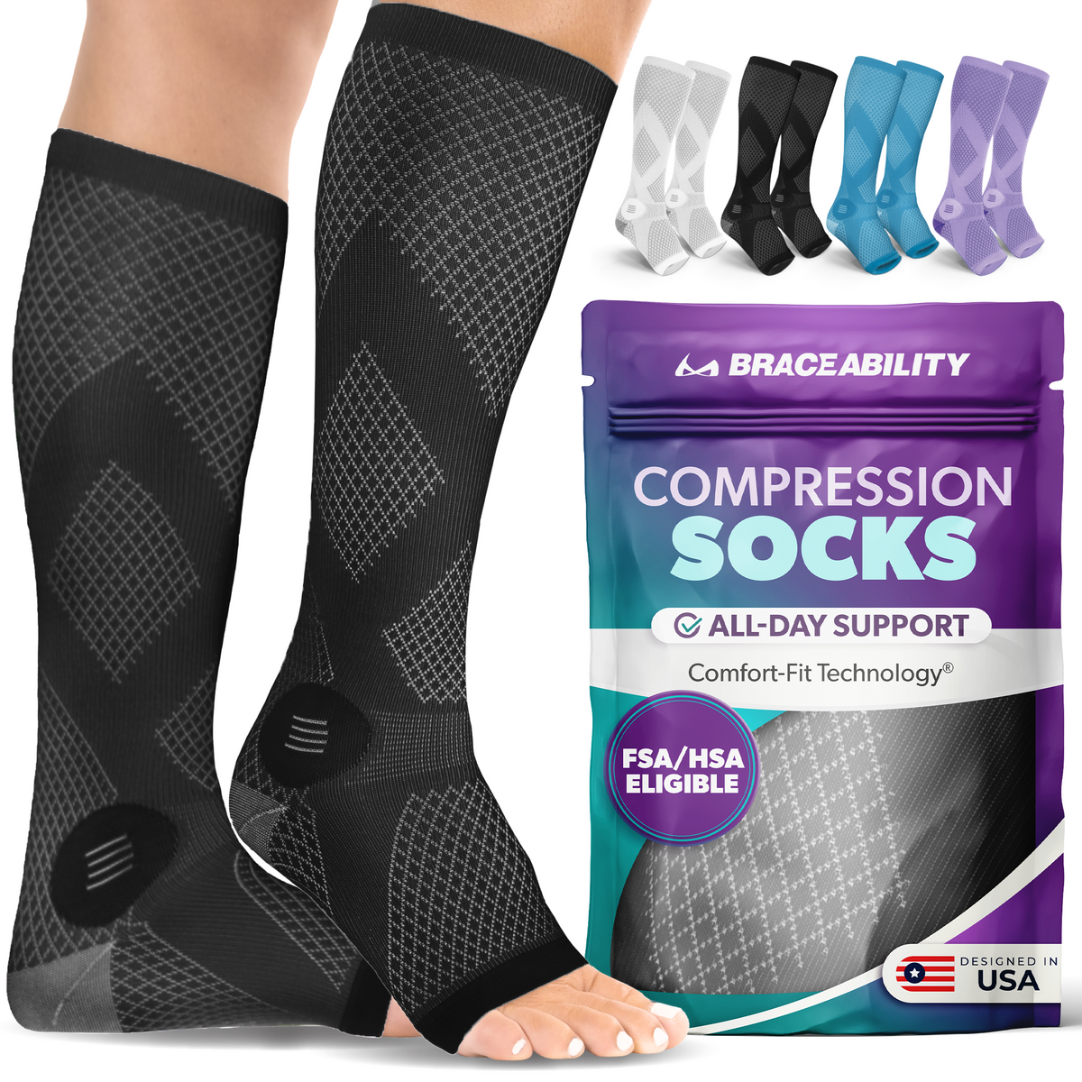 Compression Socks for Circulation - 20-30 mmHg Knee High Neuropathy Open Toe Stockings for Men or Women (Pair)