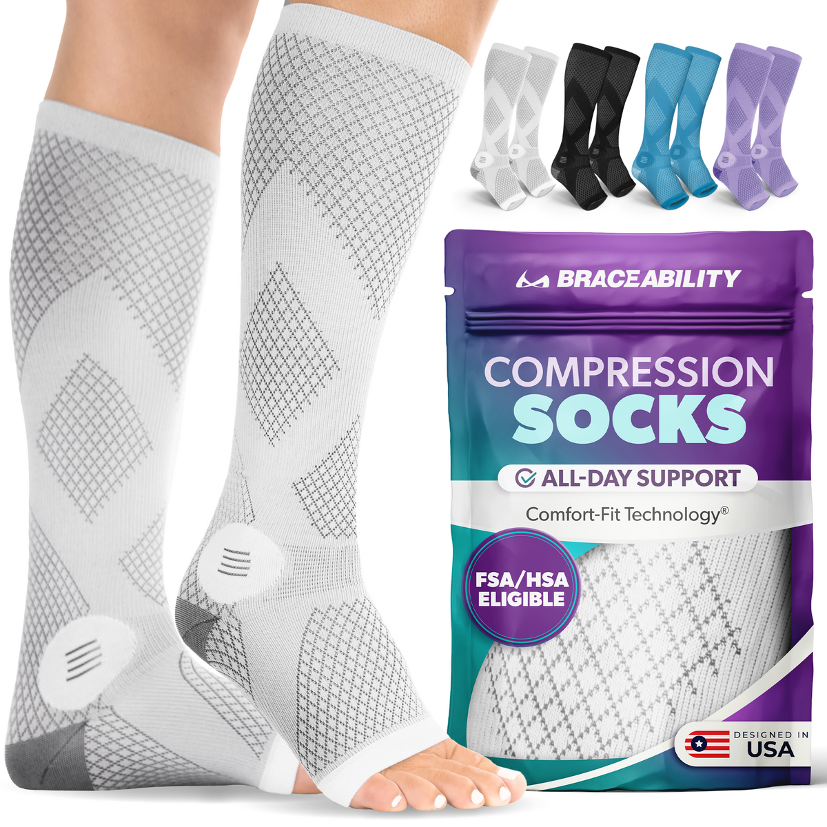 Compression Socks for Circulation - 20-30 mmHg Knee High Neuropathy Open Toe Stockings for Men or Women (Pair)