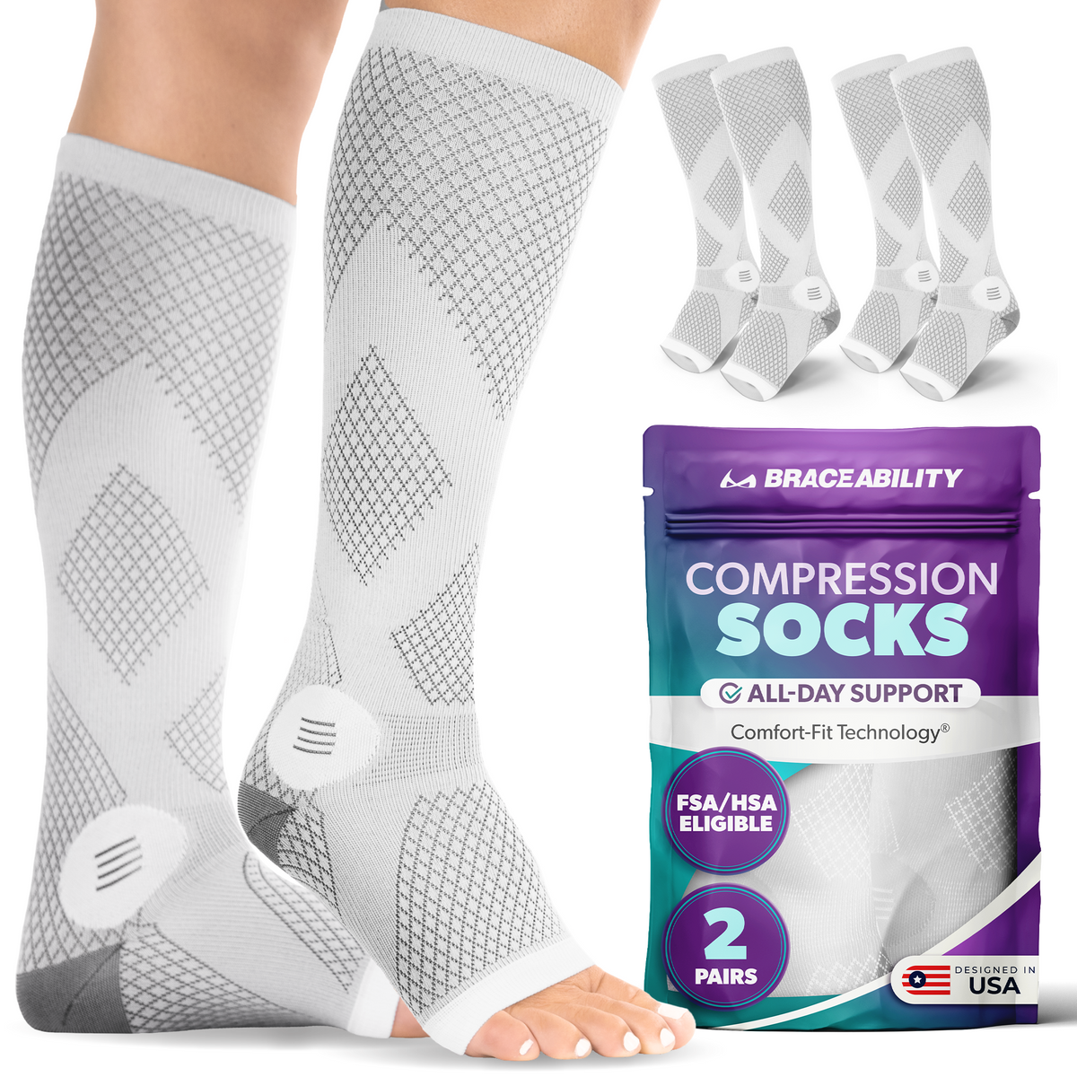 Compression Socks for Circulation - 20-30 mmHg Knee High Neuropathy Open Toe Stockings for Men or Women (Pair)