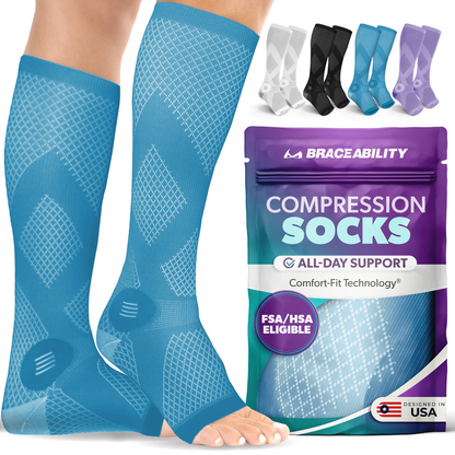 Compression Socks for Circulation - 20-30 mmHg Knee High Neuropathy Open Toe Stockings for Men or Women (Pair)