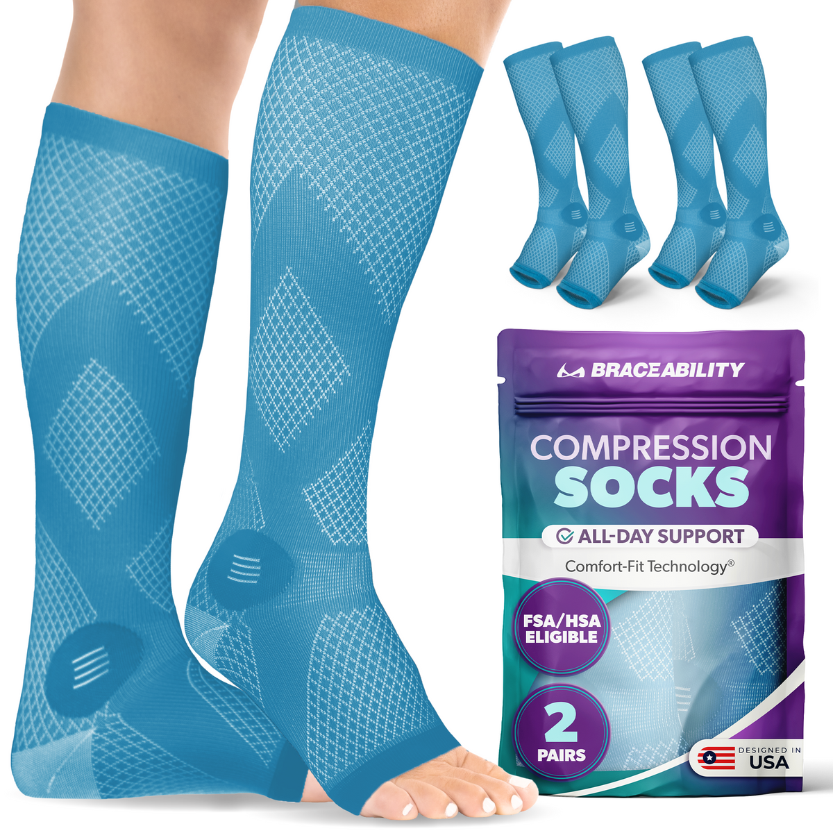 Compression Socks for Circulation - 20-30 mmHg Knee High Neuropathy Open Toe Stockings for Men or Women (Pair)