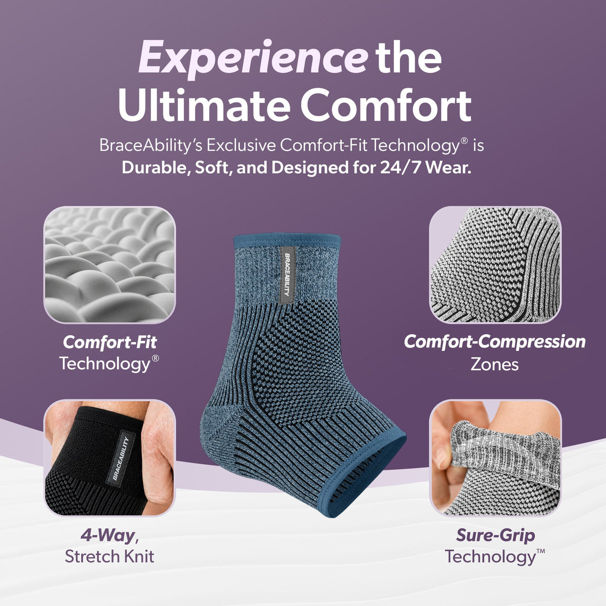 Comfort Knit Ankle Compression Sleeve - Soft Foot Brace for Swelling, Plantar Fasciitis, Tendonitis, Arthritis Pain Relief (1 Sleeve)