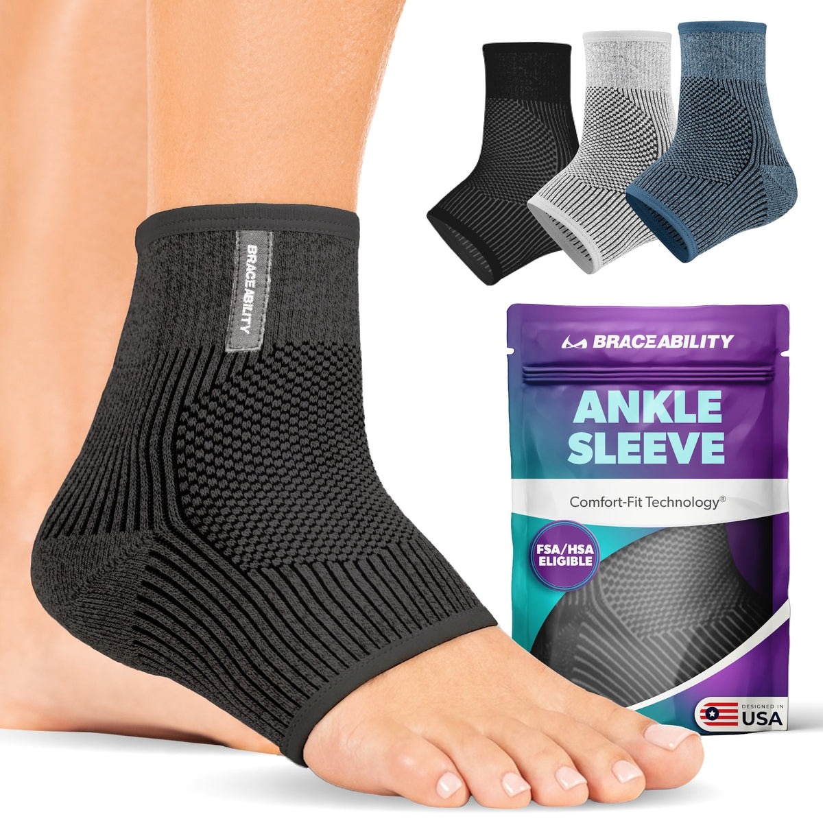 Comfort Knit Ankle Compression Sleeve - Soft Foot Brace for Swelling, Plantar Fasciitis, Tendonitis, Arthritis Pain Relief (1 Sleeve)