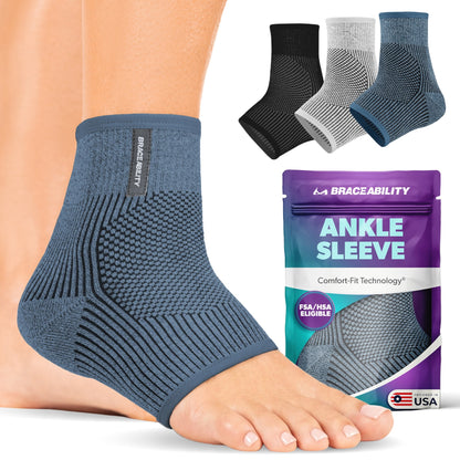 Comfort Knit Ankle Compression Sleeve - Soft Foot Brace for Swelling, Plantar Fasciitis, Tendonitis, Arthritis Pain Relief (1 Sleeve)