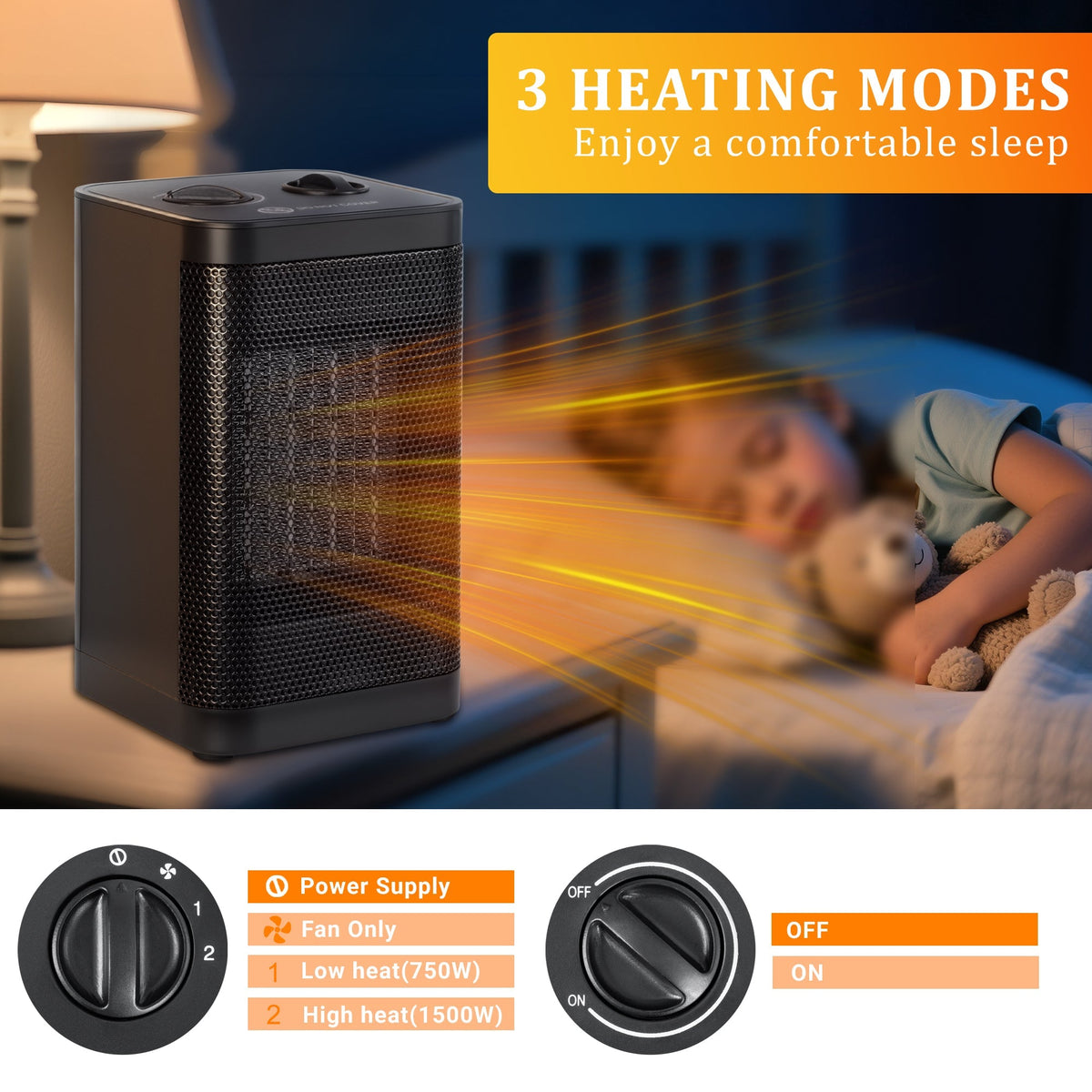 1500W Portable Space Heater – Fast Heating Ceramic Mini Heater with Adjustable Thermostat & Tip-Over Protection – AMSWH06M