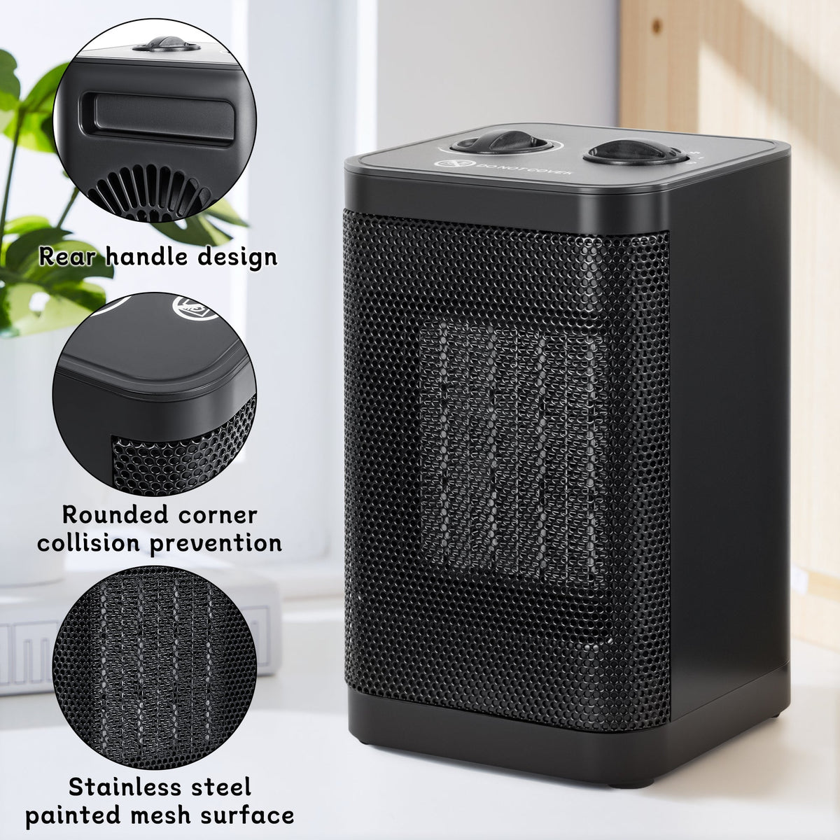 1500W Portable Space Heater – Fast Heating Ceramic Mini Heater with Adjustable Thermostat & Tip-Over Protection – AMSWH06M