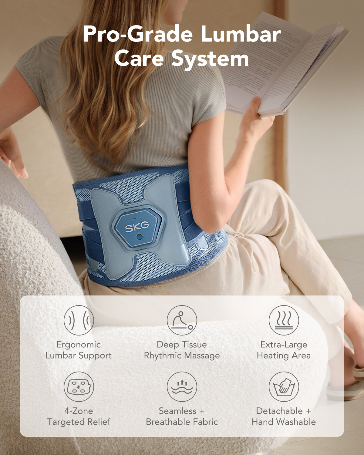 SKG Heated Lumbar Support Massager Belt with 4 Massage Nodes, 3 Heat Levels & Rechargeable Battery QS300