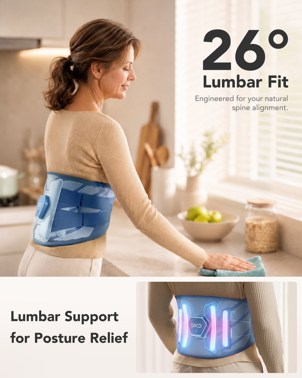 SKG Heated Lumbar Support Massager Belt with 4 Massage Nodes, 3 Heat Levels & Rechargeable Battery QS300