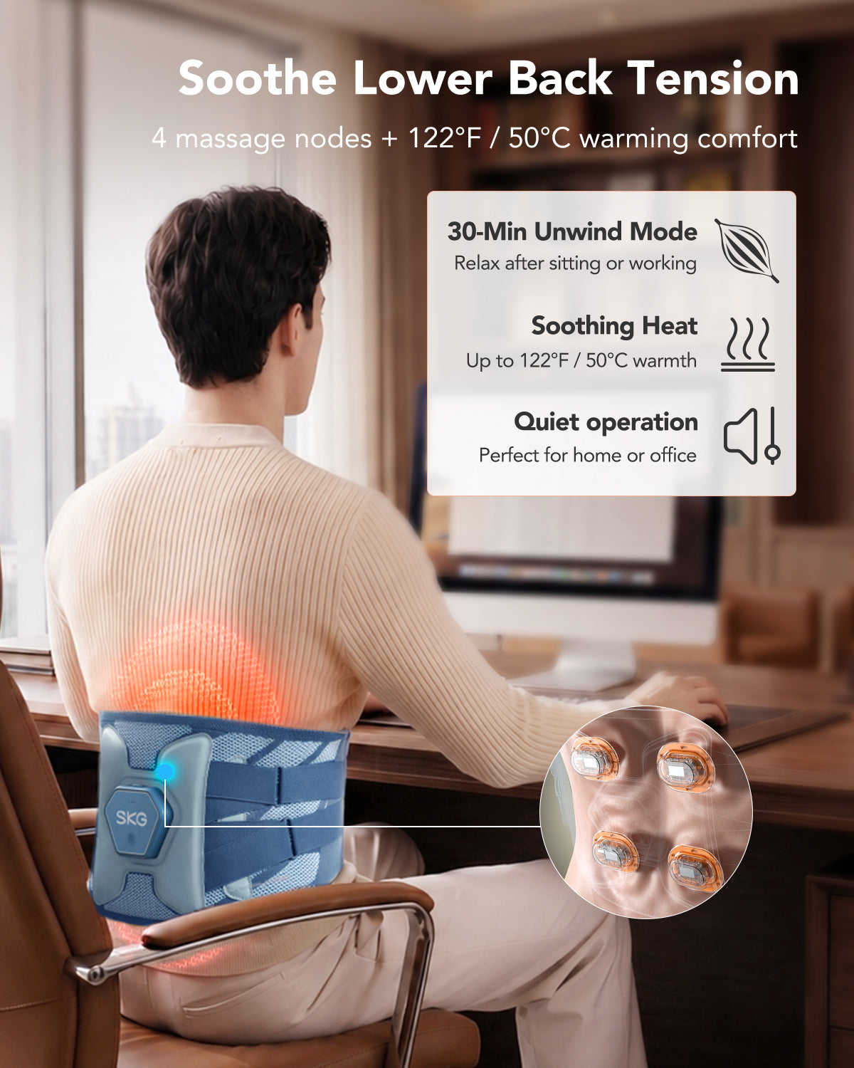 SKG Heated Lumbar Support Massager Belt with 4 Massage Nodes, 3 Heat Levels & Rechargeable Battery QS300