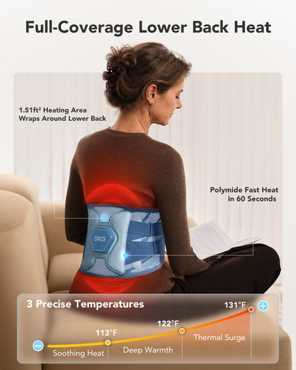 SKG Heated Lumbar Support Massager Belt with 4 Massage Nodes, 3 Heat Levels & Rechargeable Battery QS300