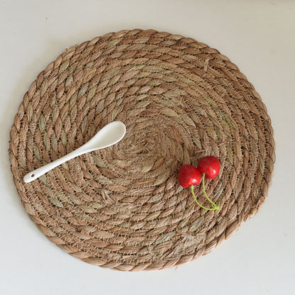 Woven Placemat Japanese Pastoral Style Heat-Insulating Tea Cup Mat Cross-Border Dining Table Coffee Table Straw Woven Round Bowl Mat Pastoral Style - image 2