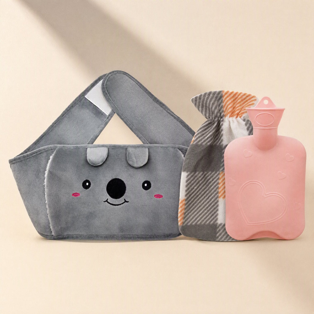 High-density PVC water injection hot water bag with gray Kaola belt and plaid cloth cover