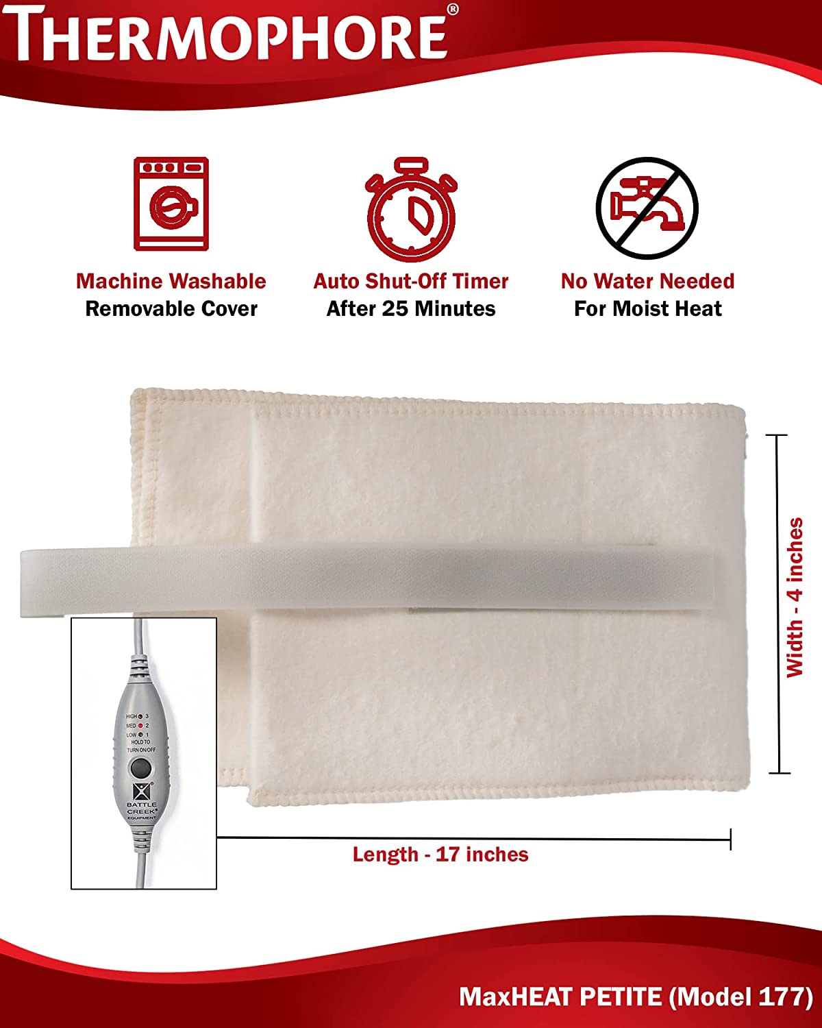 Thermophore MaxHEAT Model 177 — Petite 4"x17" Moist Heating Pad | Neck, Knee & Shoulders