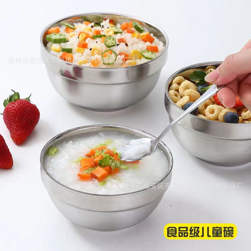 Stainless Steel Bowl Children's Thickened Heat Insulation Bowl Double Bowl Platinum Bowl School Canteen Household Rice Bowl Soup Bowl Lily Bowl - image 3