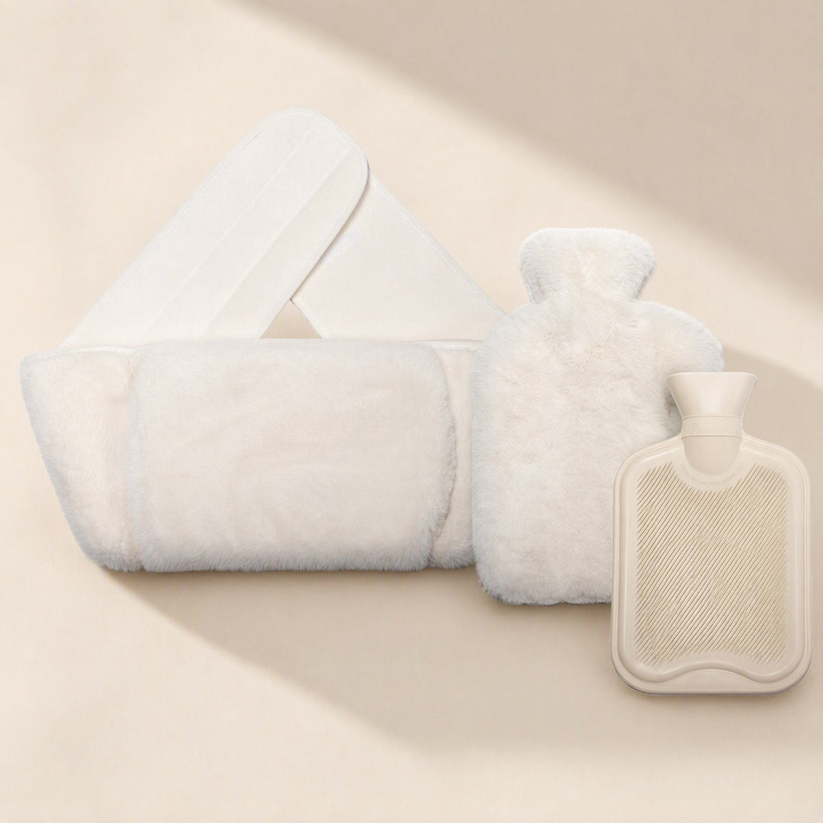 Rubber hot water bag with an imitation rabbit fur warm belt