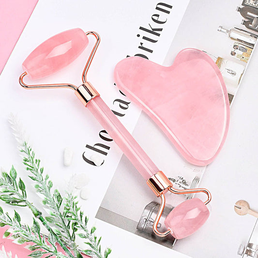 Amazon's Best-Selling Rose Quartz Jade Double-Headed Roller Massager Heart-Shaped Facial and Eye Massage Gua Sha Combination Set - image 1
