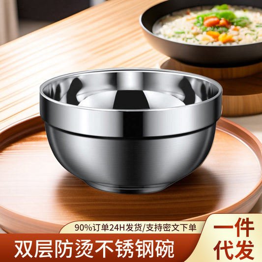 Stainless steel rice bowl 304 food grade double-layer heat insulation bowl household children anti-scald bowl soup bowl large Bowl thickened Iron Bowl - image 1
