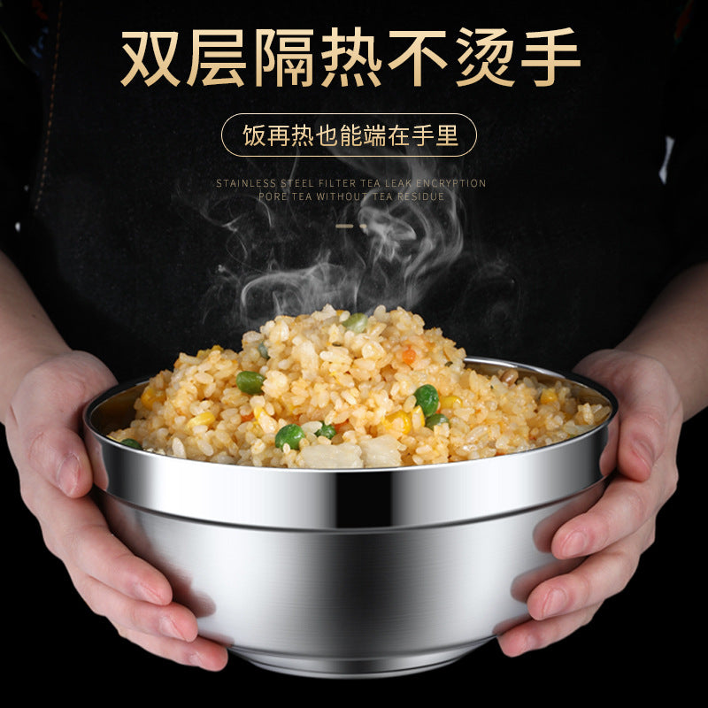 Stainless steel rice bowl 304 food grade double-layer heat insulation bowl household children anti-scald bowl soup bowl large Bowl thickened Iron Bowl - image 3
