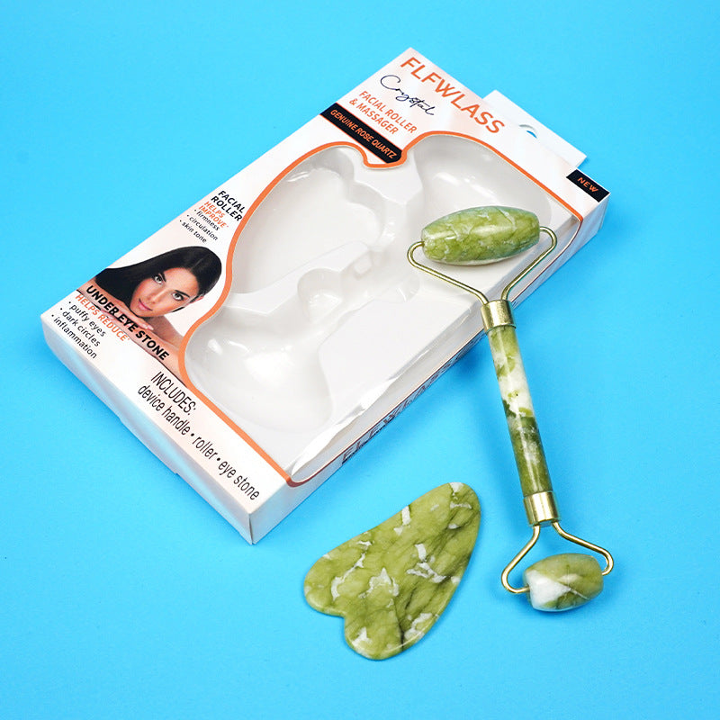 Cross-border Xiuyu Green Phoenix Jade Roller Calf Horn Scraping Board Set Box Jade Roller Scraping Face and Neck Massage - image 2
