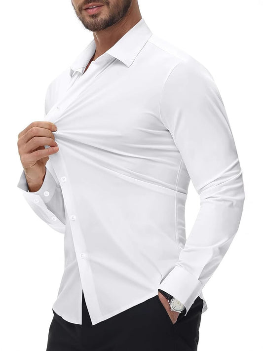 Traceless four-sided high stretch shirt men's silky non-iron muscle slim men's stretch shirt Amazon explosions - image 1