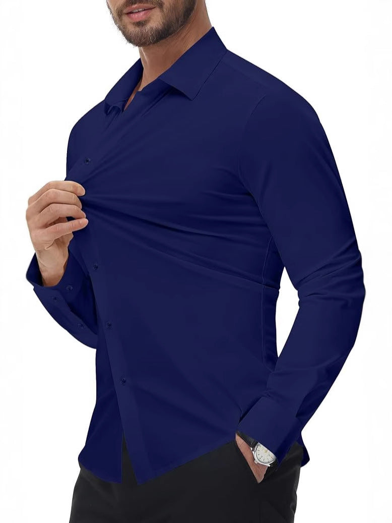 Traceless four-sided high stretch shirt men's silky non-iron muscle slim men's stretch shirt Amazon explosions - image 2
