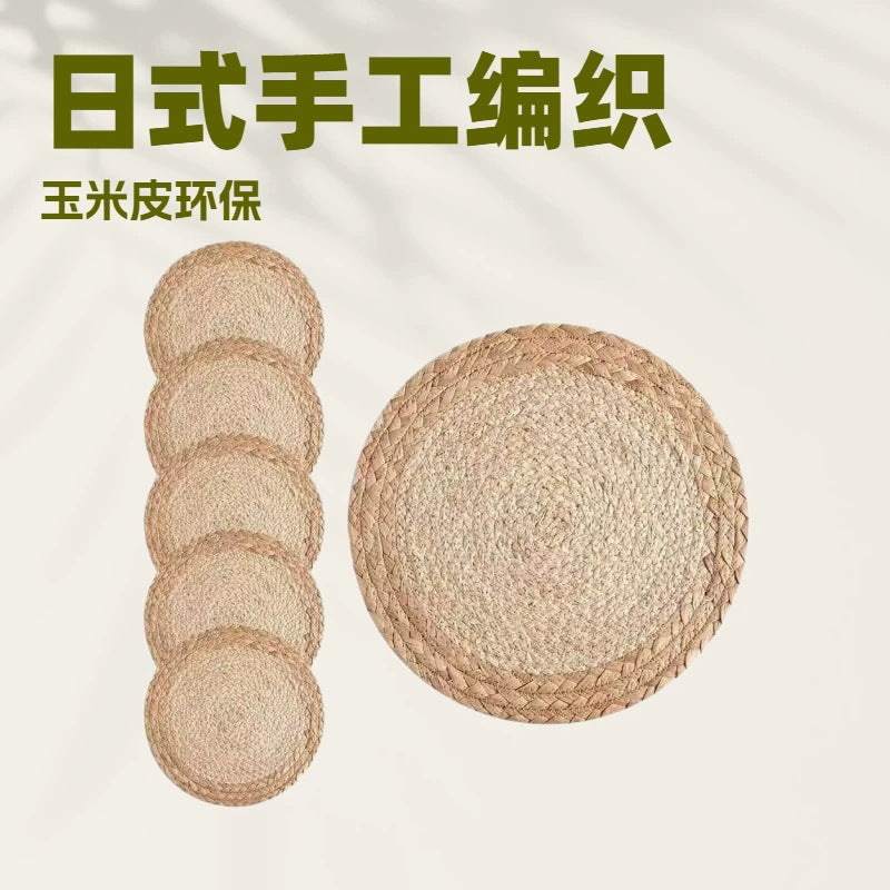 Straw Corn Husk Mat, Gourd Grass Placemat, Heat Insulation Mat, Anti-Scalding Coaster, Japanese-Style Handmade Woven Tableware, Cross-Border Dinner Plate - image 1