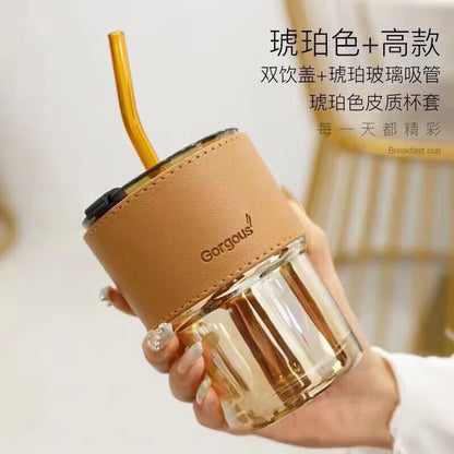 Bamboo Cup Glass Cup with Straw, Simple Ins-Style Coffee Cup, Large Capacity Milk Cup with Lid, Heat-Resistant Glass - image 1