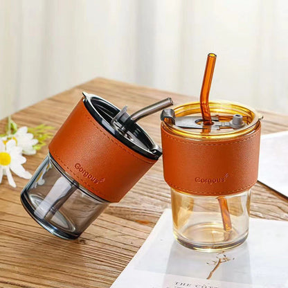 Bamboo Cup Glass Cup with Straw, Simple Ins-Style Coffee Cup, Large Capacity Milk Cup with Lid, Heat-Resistant Glass - image 2