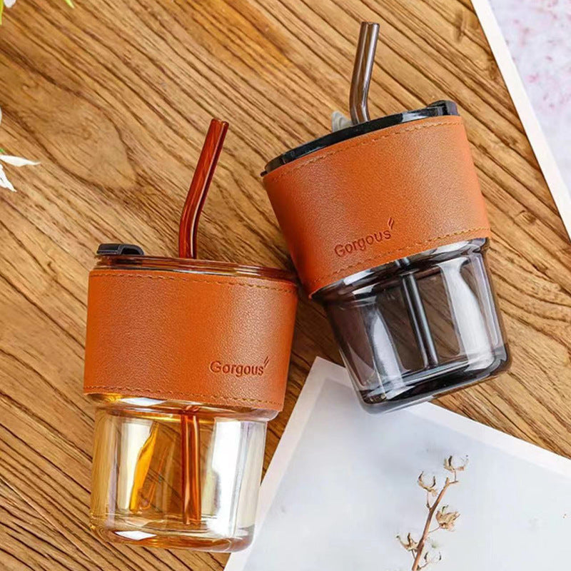 Bamboo Cup Glass Cup with Straw, Simple Ins-Style Coffee Cup, Large Capacity Milk Cup with Lid, Heat-Resistant Glass - image 3