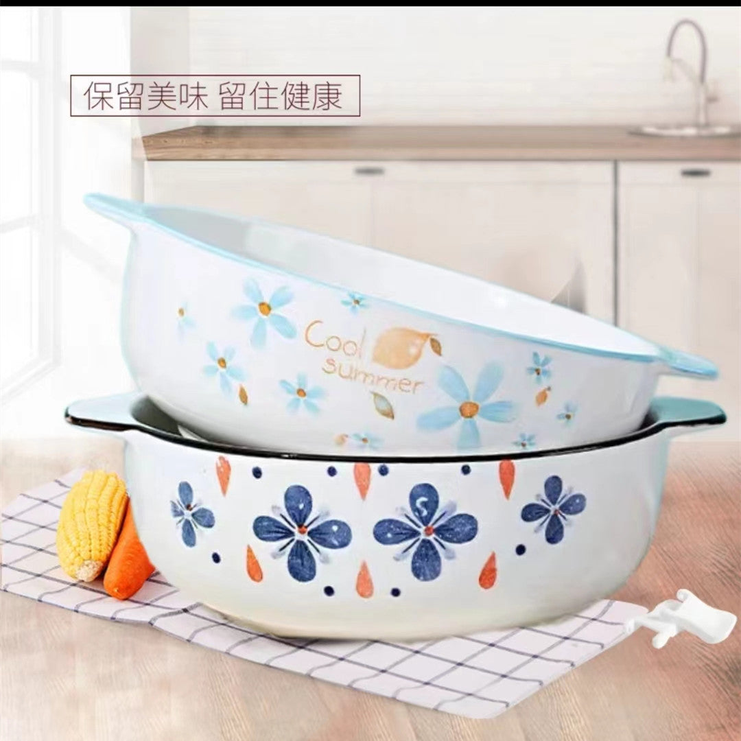 2-Pack 10.5inch Large Soup Bowls with Double Handles, Summer Style/Small Blue Flower Ceramic Large Soup Bowl Salad Bowl, Heat-Resistant - image 1