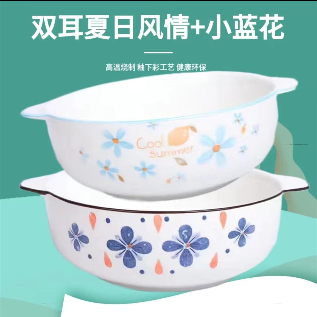 2-Pack 10.5inch Large Soup Bowls with Double Handles, Summer Style/Small Blue Flower Ceramic Large Soup Bowl Salad Bowl, Heat-Resistant - image 2